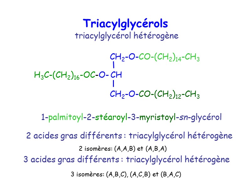Triacylglycérols 1-palmitoyl-2-stéaroyl-3-myristoyl-sn-glycérol triacylglycérol hétérogène 3 acides gras différents : triacylglycérol hétérogène 2 acides gras